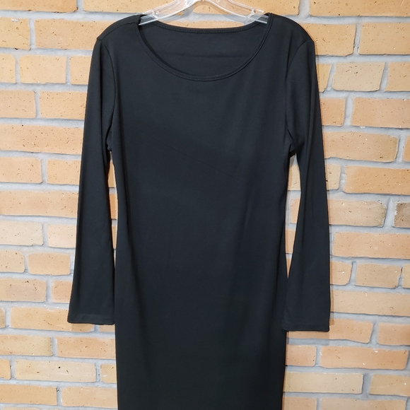 (XL) Black Solid Bodycon Midi Long Sleeve Dress - Picture 6 of 8